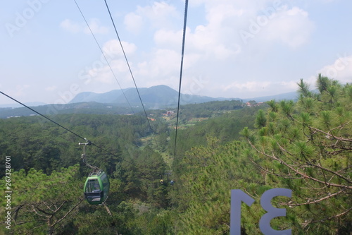 top view cable car on green wallpaper background