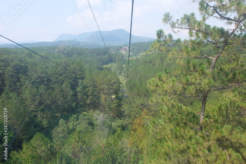 top view cable car on green wallpaper background