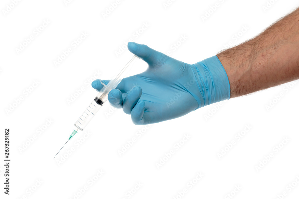 Man's gloved hand with a syringe with clear liquid isolated on white Man's gloved hand with a syringe with clear liquid isolated on white