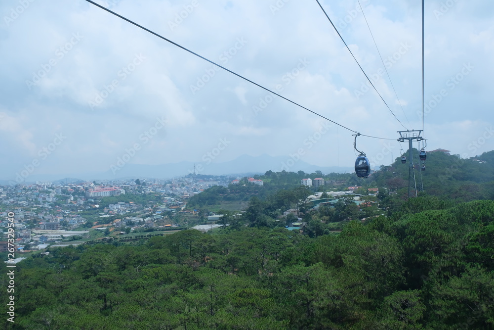 Top view cable car on nature background