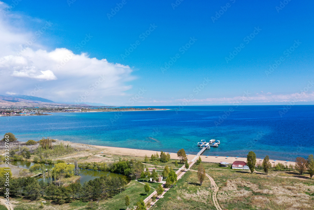 aerial view of the beautiful Lake Issyk-kul. Famous place in Kyrgyzstan. Travel concept