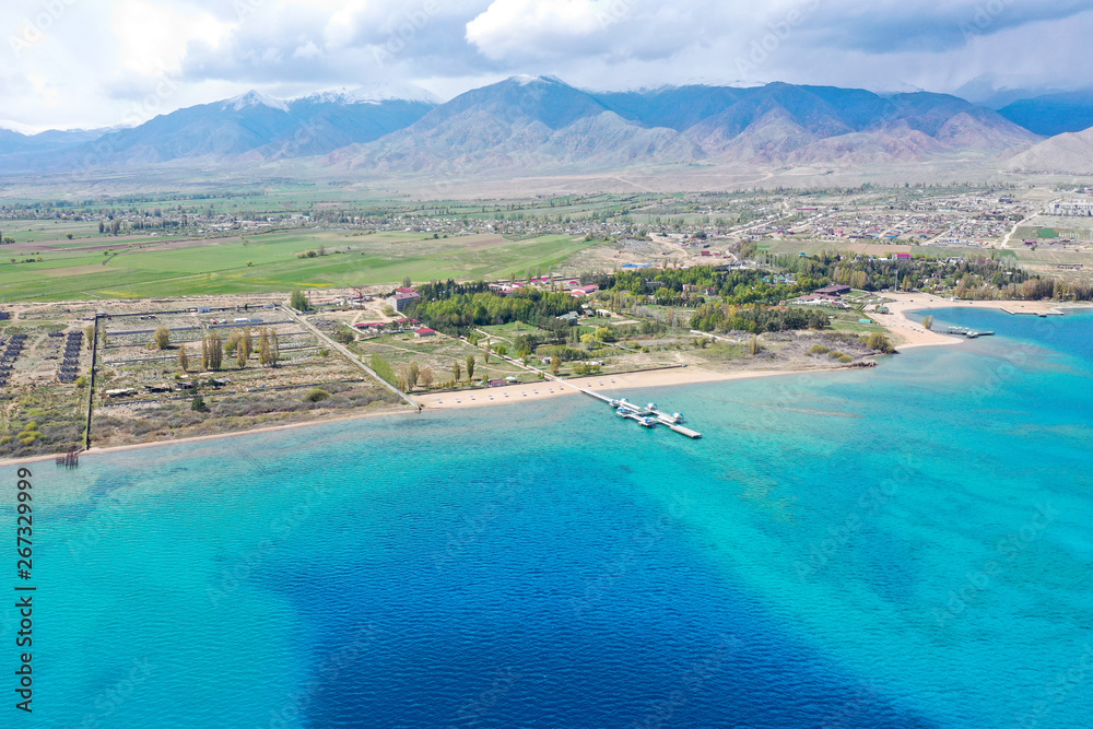 aerial view of the beautiful Lake Issyk-kul. Famous place in Kyrgyzstan. Travel concept