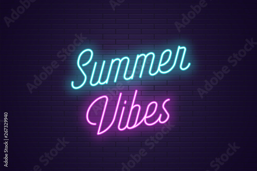 Neon lettering of Summer Vibes. Glowing text