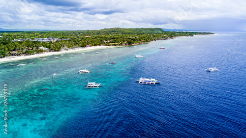 Panorama Aerial drone picture of the white sand Alona Beach in Panglao, Bohol, Philippines