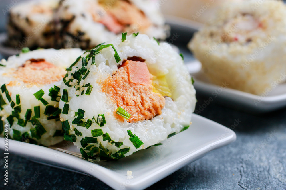 Sushi set on grey stone background. Sushi set on grey stone background.