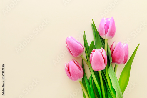 Fototapeta Naklejka Na Ścianę i Meble -  Bouquet of pink tulips, postcard motif