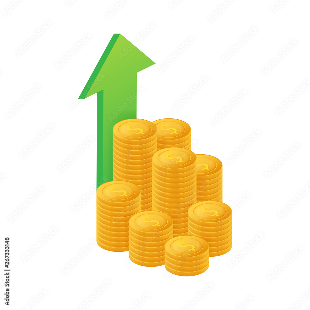 Profit money or budget. Cash and rising graph arrow up, concept of business success. Capital earnings, benefit. Vector stock illustration. Profit money or budget. Cash and rising graph arrow up, concept of business success. Capital earnings, benefit. Vector stock illustration.