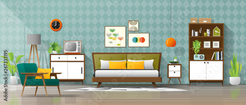 Vintage interior background with mid century modern bedroom , vector , illustration