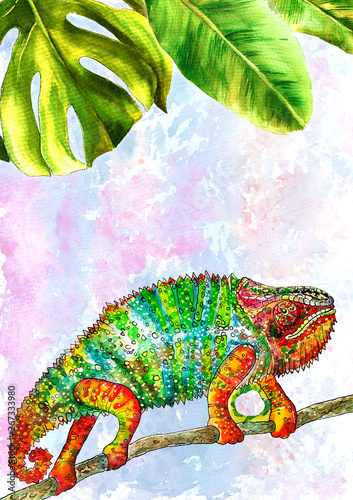 Template design with watercolor painted tropical leaves. Vertical format. Illustration  full-color chameleon  color lizard  watercolor chameleon