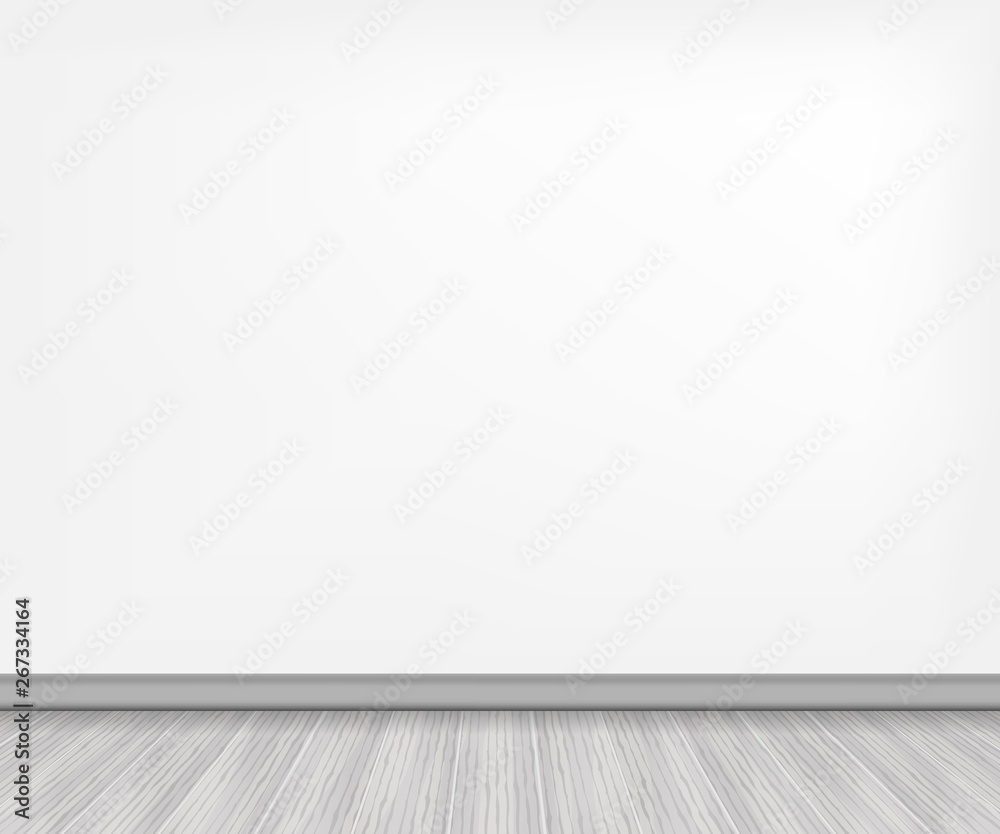 Realistic wood floor and white wall. Vector stock illustration.