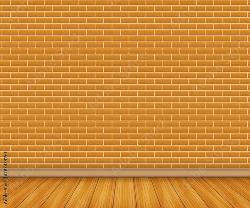 Realistic wood floor and white brick. Vector stock illustration.