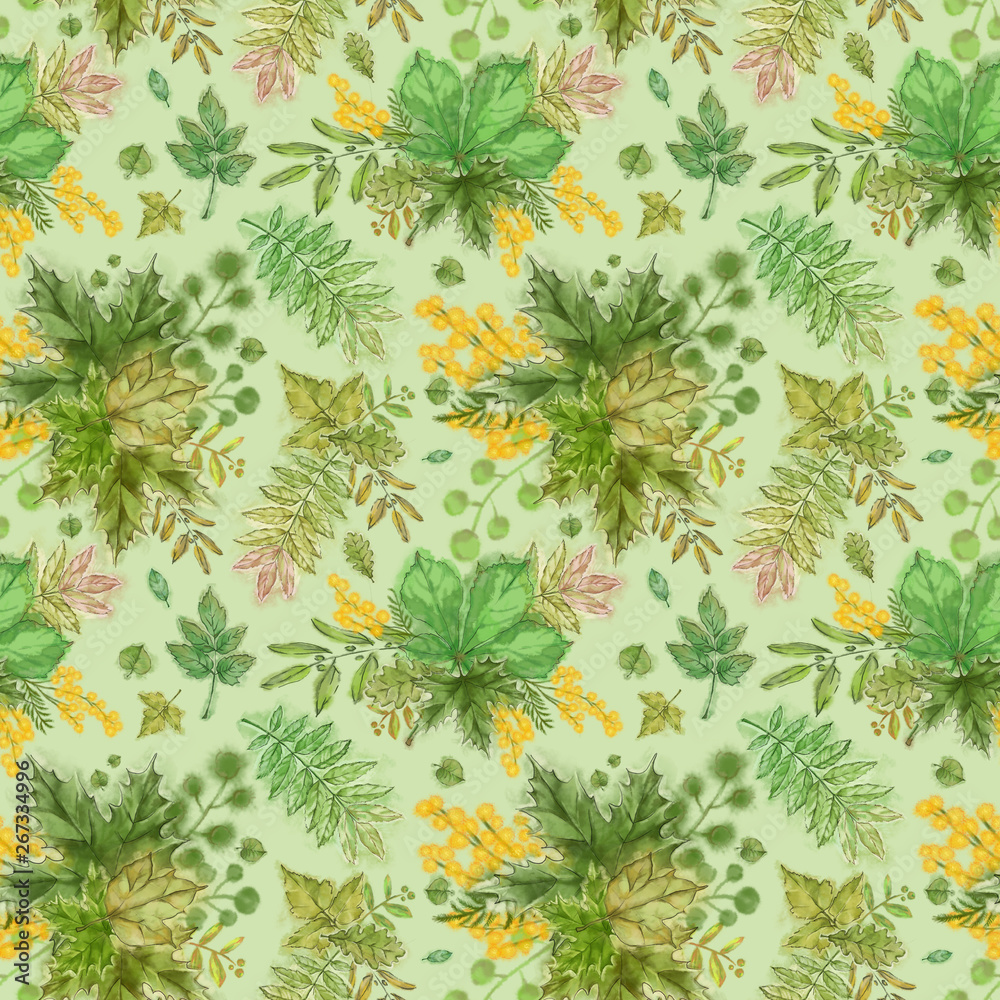 Green Summer Leaf Vignettes Seamless Pattern. Continuous Rapport for Print, Background, Wallpaper, Gift Wrap, and Textile.