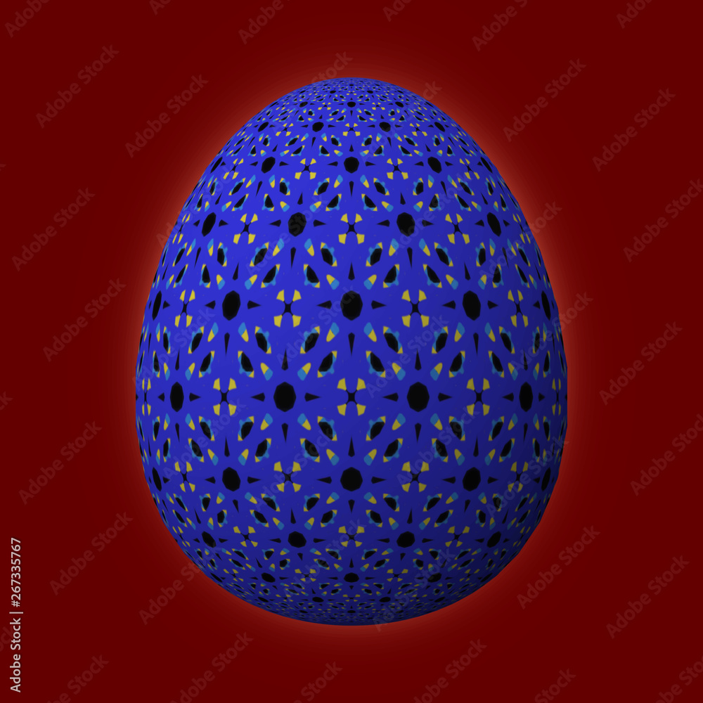 Happy Easter - Frohe Ostern, Artfully designed and colorful easter egg, 3D illustration on red background
