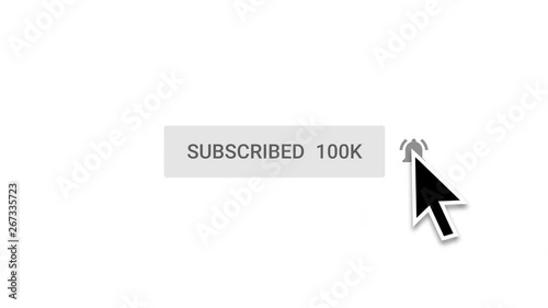 Reaching 100k subscribers.A Mouse pointer arrow clicking on Subscribe Button and then Bell Notification. White isolated Background. Minimalist.