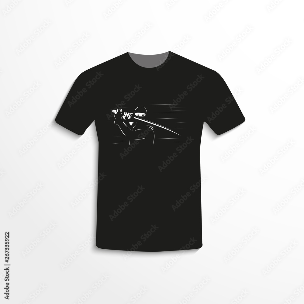 Black T-shirt with the image of a ninja warrior with a sword. Vector illustration. Black T-shirt with the image of a ninja warrior with a sword. Vector illustration.