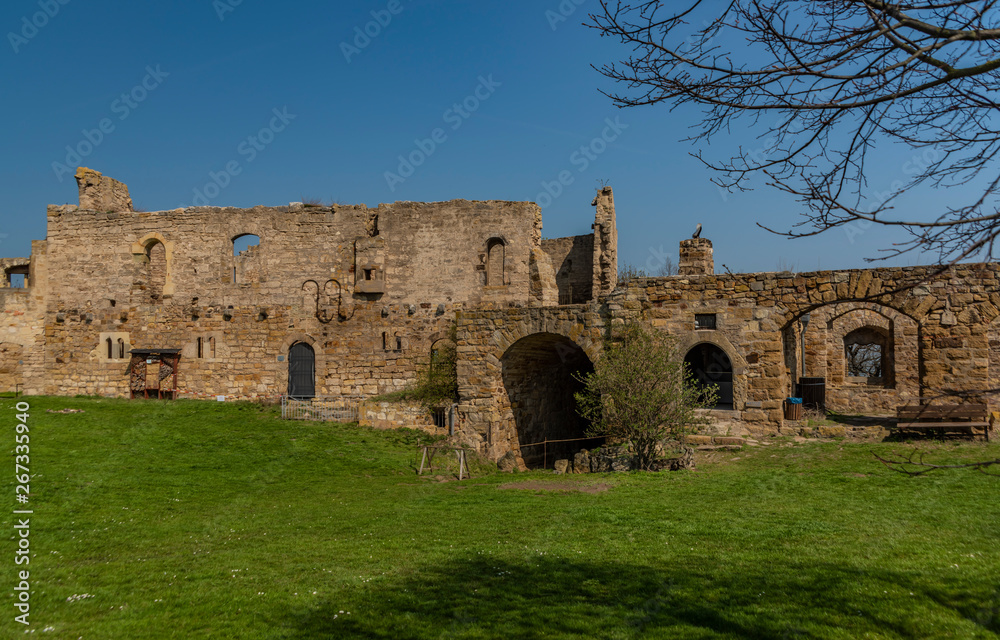 Interior of castle Gleichen in Germany with blue sky in spring time