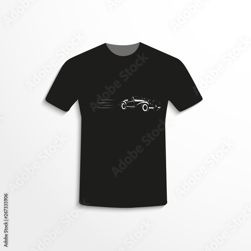 Black t-shirt with the image of a retro car. Vector illustration.