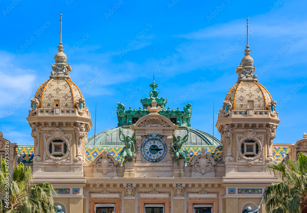 Ornate beaux arts style details of the famous Grand Casino or Monte Carlo Casino in Monaco on Place du Casino