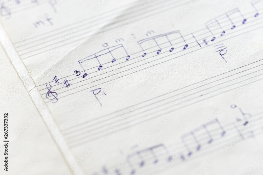 Fragment of an old musical notebook with hand written notes close up Fragment of an old musical notebook with hand written notes close up