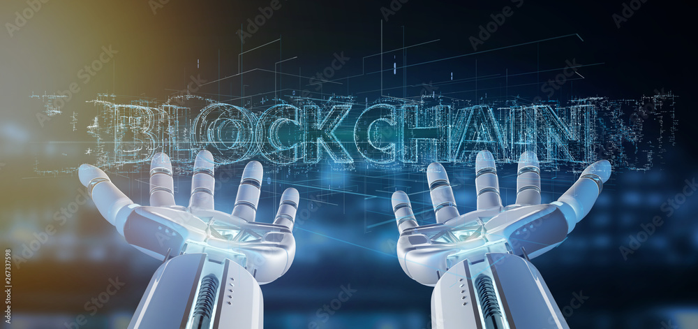 Cyborg hand holding a Blockchain title 3d rendering - obrazy, fototapety, plakaty 
