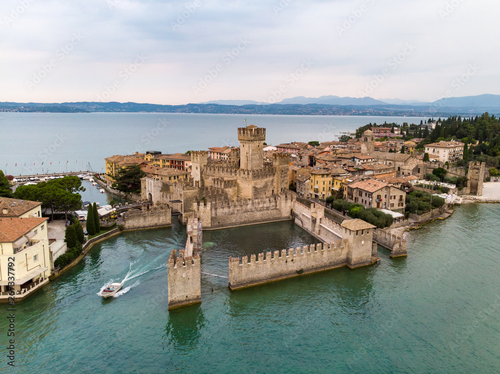 Aerial view of Sirmione, an ancient village on southern Garda Lake. Brescia province, Lombardy, Italy. September, 2018