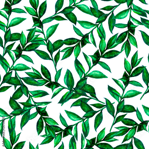 Seamless pattern green watercolor leaves. 