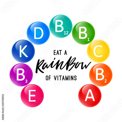 Colorful Set of the Rainbow Colored Bubble Vitamins. Bright Infographic with Lettering. Vector Illustration of Pills