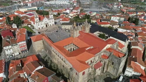 Aerial view of old historic town Viseu with church and Cathedral, Portugal, 4k