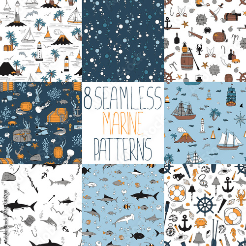 A set of seamless patterns with a marine underwater and pirate theme. 8 backgrounds with hand-drawn sea and ship miniatures.