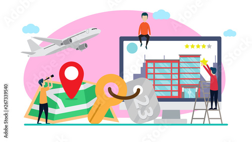 online hotel reservation creative illustration vector of graphic , small people online hotel reservation illustration vector , hotel reservation online vector , vector flat illustration