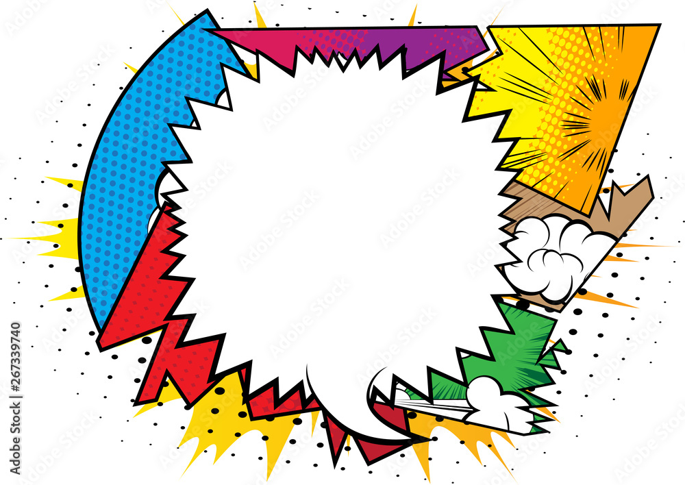 Vector illustrated retro comic book background with big blank speech bubble isolated on white, pop art vintage style backdrop. Vector illustrated retro comic book background with big blank speech bubble isolated on white, pop art vintage style backdrop.