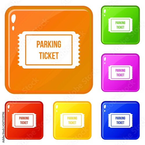 Parking ticket icons set collection vector 6 color isolated on white background