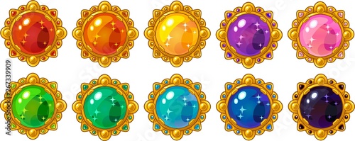Shiny colorful round gem with golden frame set for mobile game interface design.