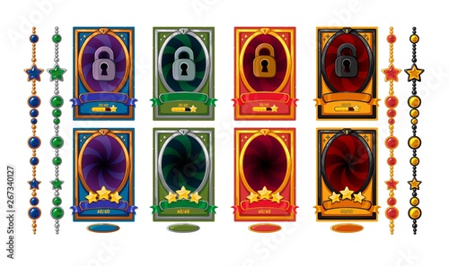 Level background card for mobile game ui design. Victory ribbon witch stars.