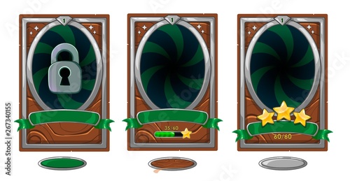Level background card for mobile game ui design. Victory ribbon witch stars.