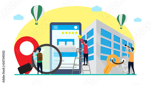online hotel reservation creative illustration vector of graphic , small people online hotel reservation illustration vector , hotel reservation online vector , vector flat illustration
