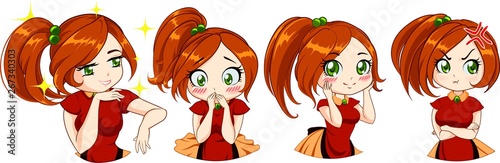 Cute anime girl with red hair and green eyes. Different funny emotions set.