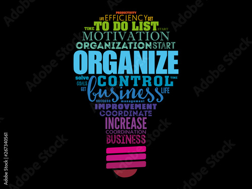 ORGANIZE light bulb word cloud collage, business concept background