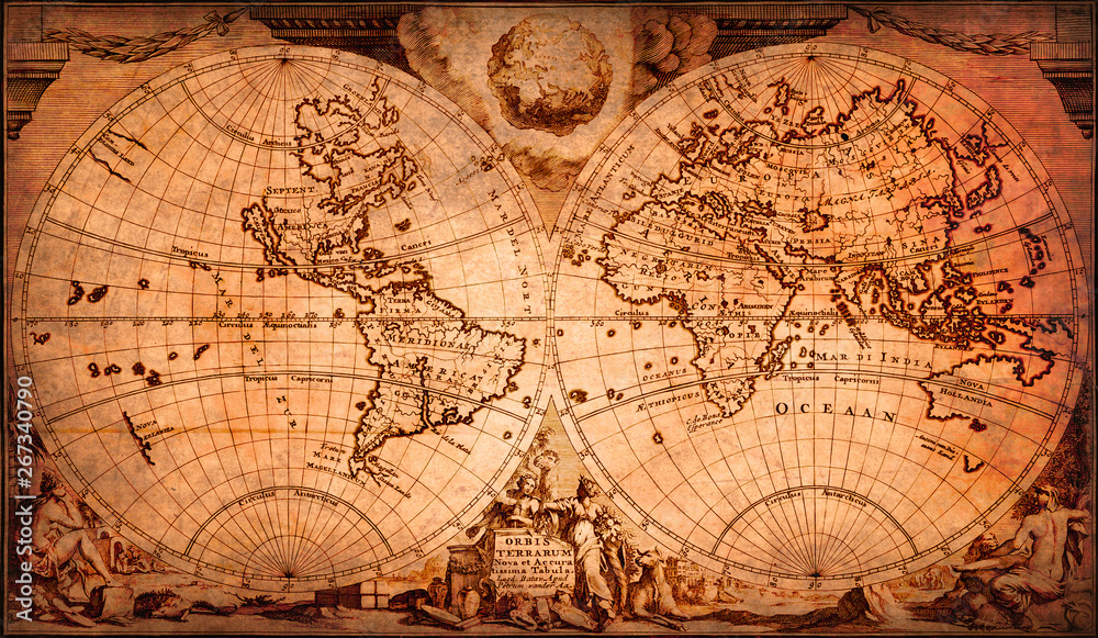 Obraz Bardzo stara mapa świata, zdobiona, vintage lub retro.