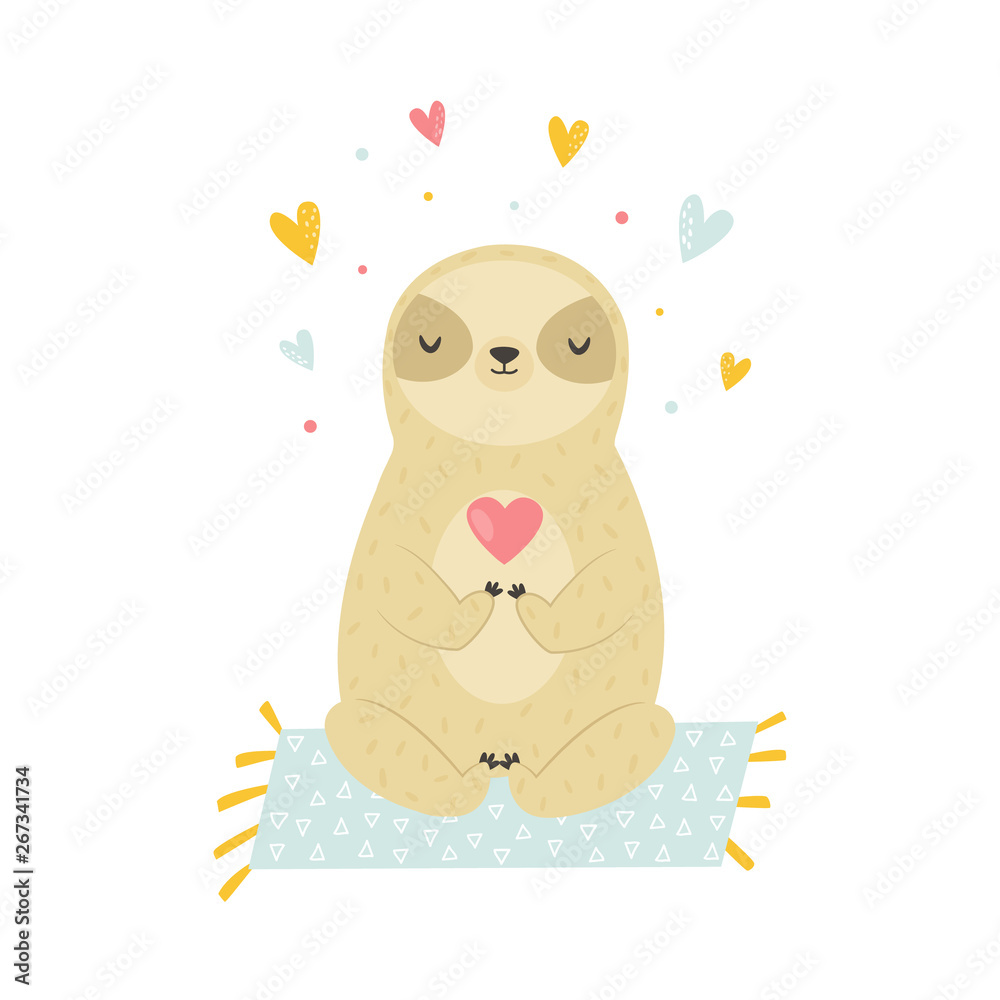 Fototapeta premium Funny meditating sloth practicing yoga. Vector illustration