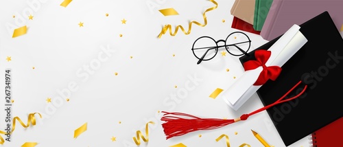 Graduation vector banner. Background Congrats graduates with objects viewed from above hat with degree paper, books, notebook and pencil, glasses, gold confetti, ribbons and stars.