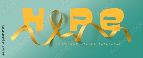 Hope. Childhood Cancer Awareness Calligraphy Poster Design. Realistic Gold Ribbon. September is Cancer Awareness Month. Vector