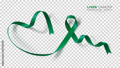 Liver Cancer Awareness Month. Emerald Green Color Ribbon Isolated On Transparent Background. Vector Design Template For Poster.