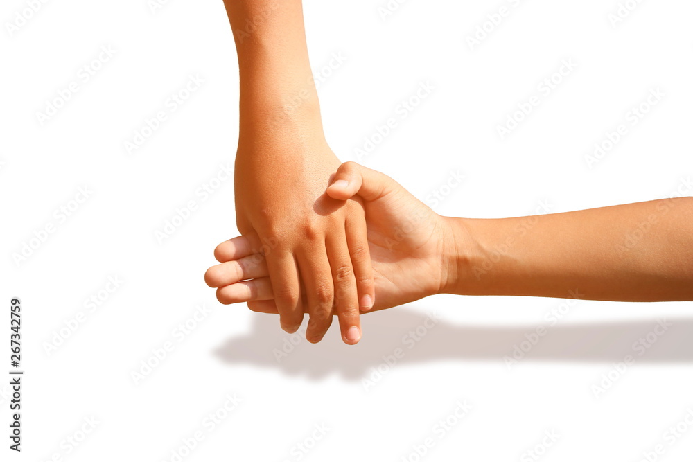 Holding hands with love and bonding on a white background.