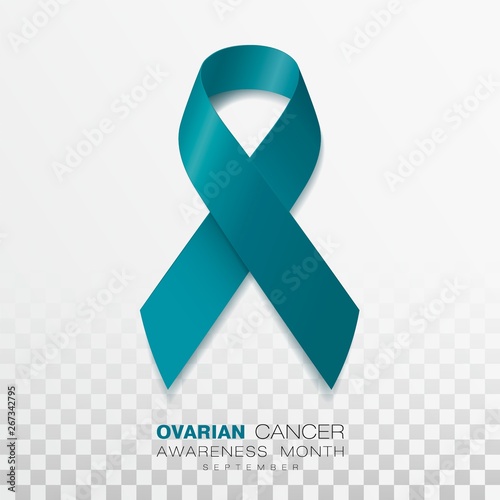 Ovarian Cancer Awareness Month. Teal Color Ribbon Isolated On Transparent Background. Vector Design Template For Poster.