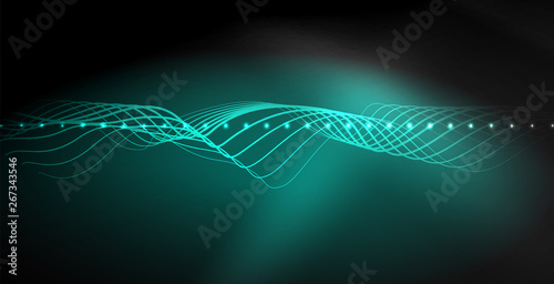 Glowing abstract wave on dark, shiny motion, magic space light. Techno abstract background