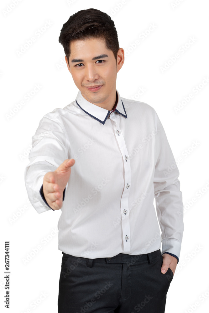 Happy young businessman in suit looking at camera on white background, isolated concept Happy young businessman in suit looking at camera on white background, isolated concept