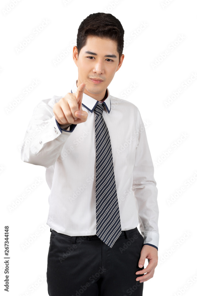 Happy young businessman looking hand in suit on white background, isolated concept Happy young businessman looking hand in suit on white background, isolated concept