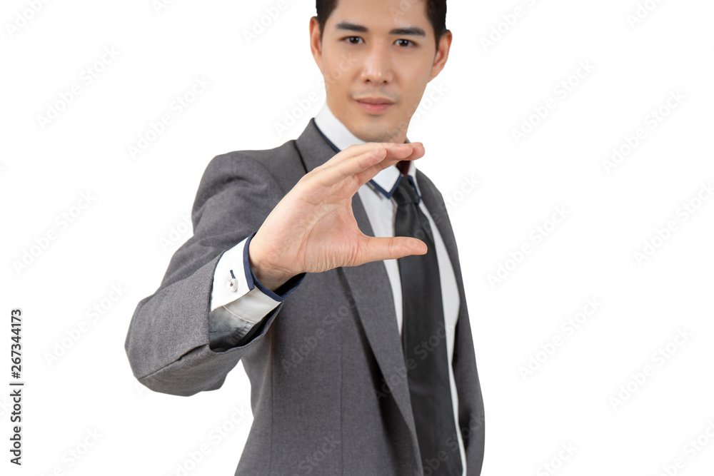 Happy young businessman in suit looking at camera on white background, isolated concept Happy young businessman in suit looking at camera on white background, isolated concept