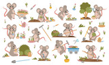 A collection of cute mice in various poses. Mouse gardeners plant plants, weed beds, watering seedlings, pruning bushes and trees, working in the garden. Set of cute animals. Vector illustration. 2020